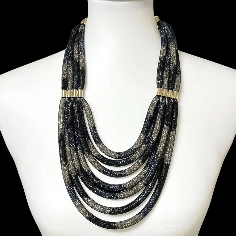 Chicos Chunky Statement Necklace Gold Tone Black Blue Mesh Tube Tiered Layered